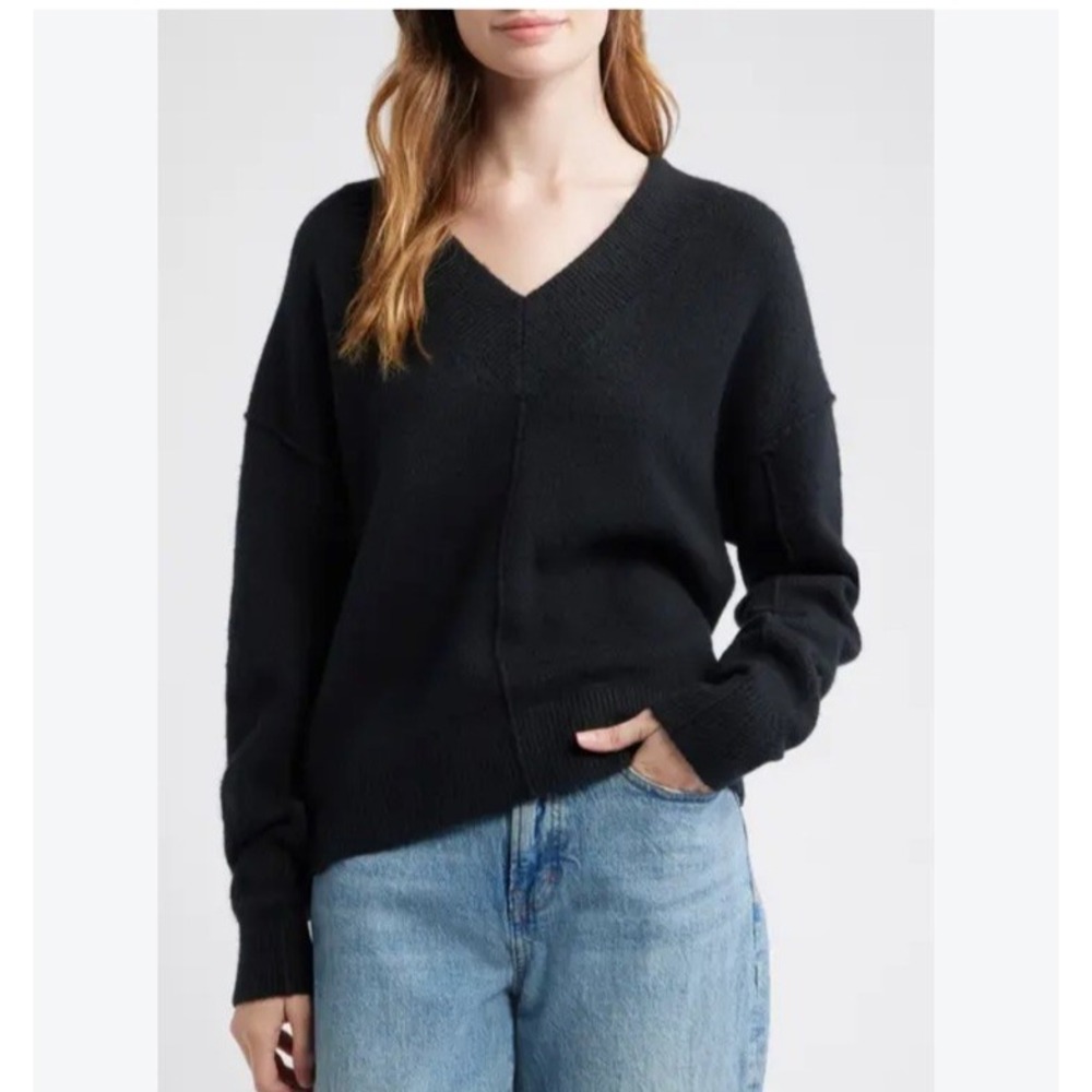 Madewell Wedge Sweater Medium Black Cropped V Neck Balloon Sleeve Wool Knit